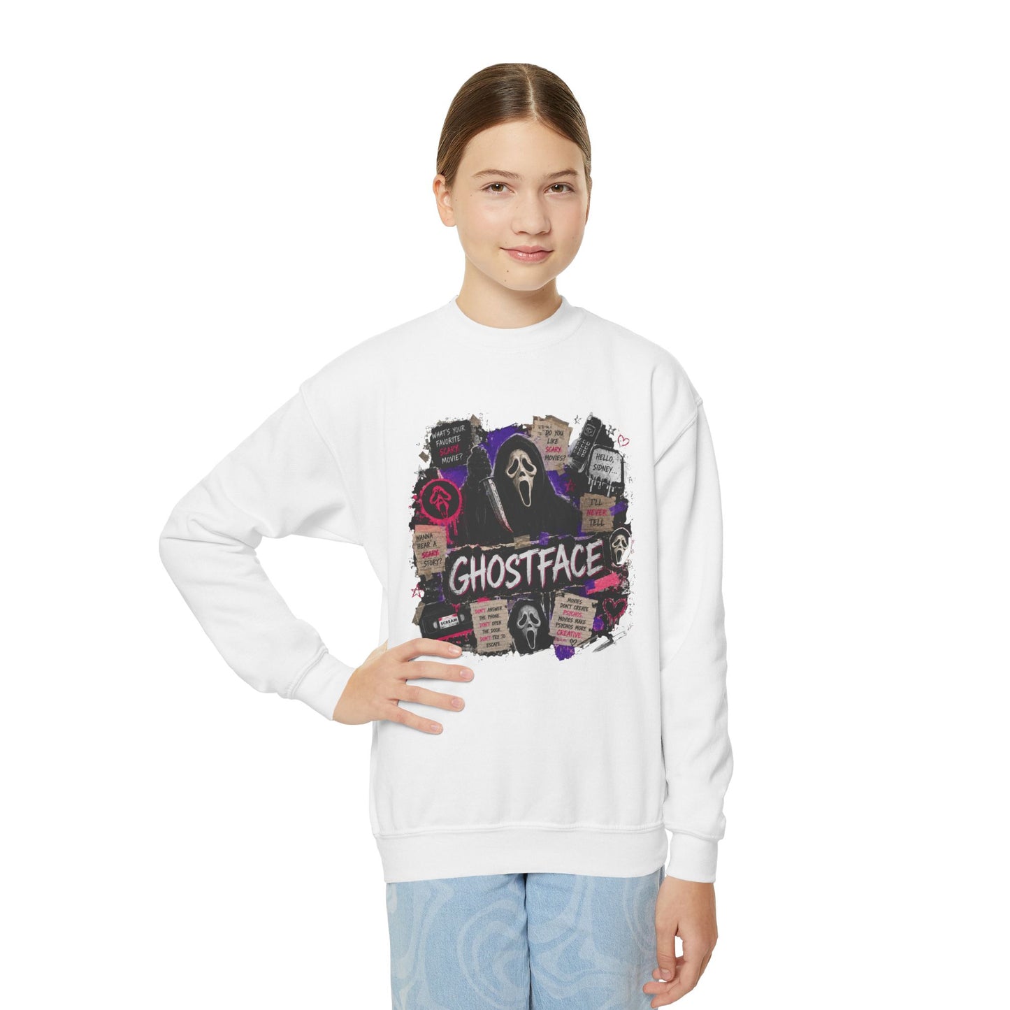 Ghostface Youth Crewneck Sweatshirt — Halloween Horror Graphic Pullover
