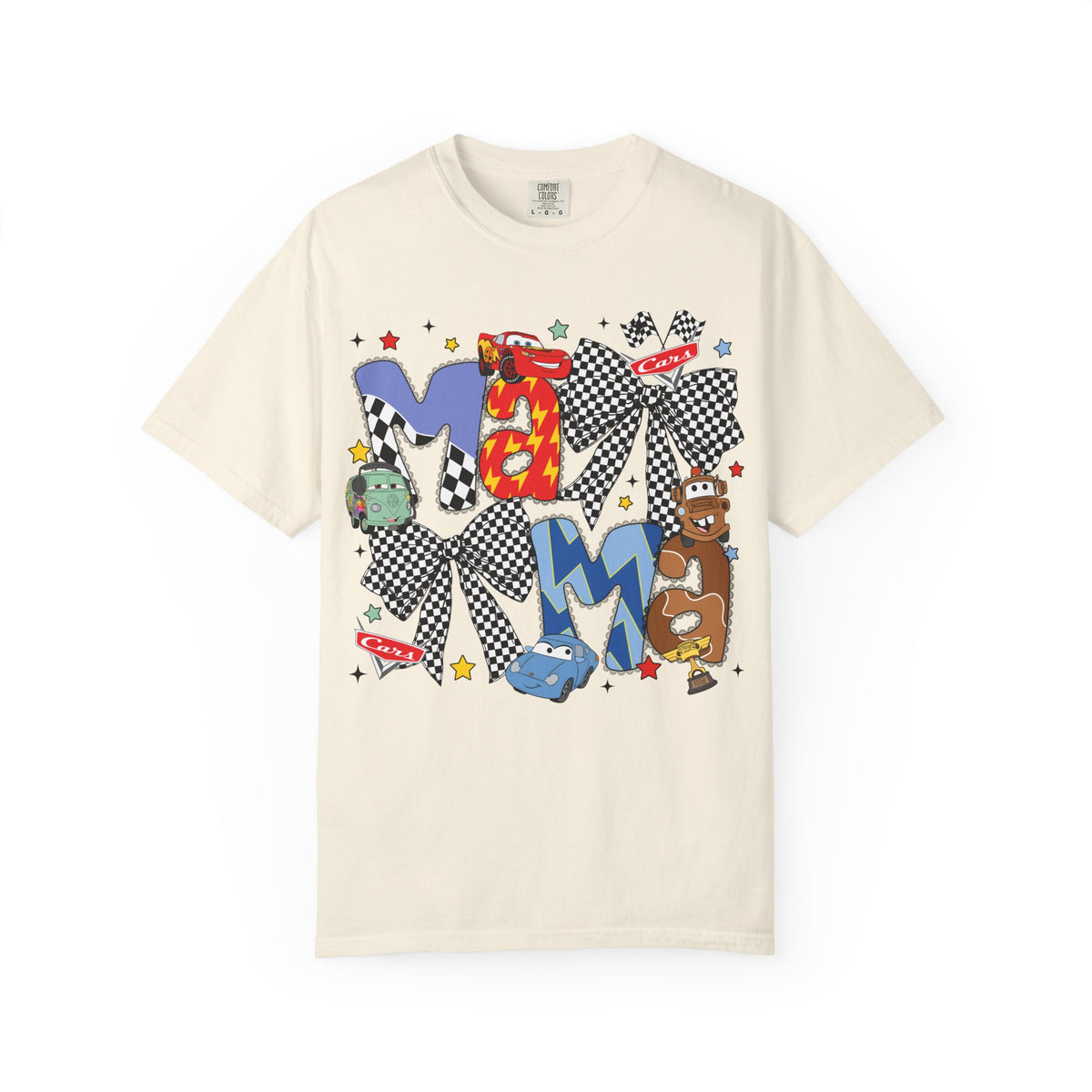 Graphic Tee — Playful 'MAMA' Cartoon Letter Shirt with Checkerboard Bows