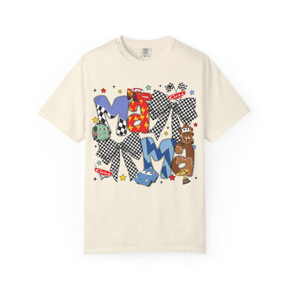 Graphic Tee — Playful 'MAMA' Cartoon Letter Shirt with Checkerboard Bows