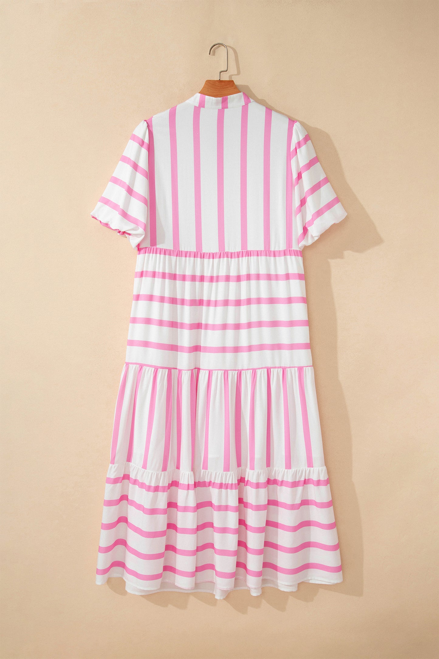 Pink Stripe Plus Size V Neck Short Puff Sleeve Tiered Maxi Dress