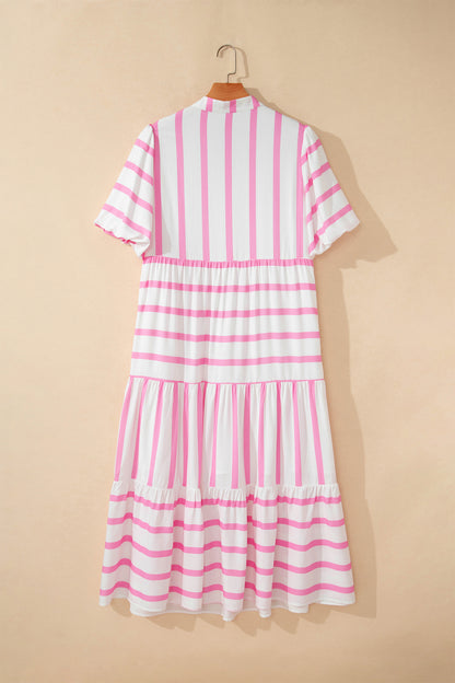 Pink Stripe Plus Size V Neck Short Puff Sleeve Tiered Maxi Dress