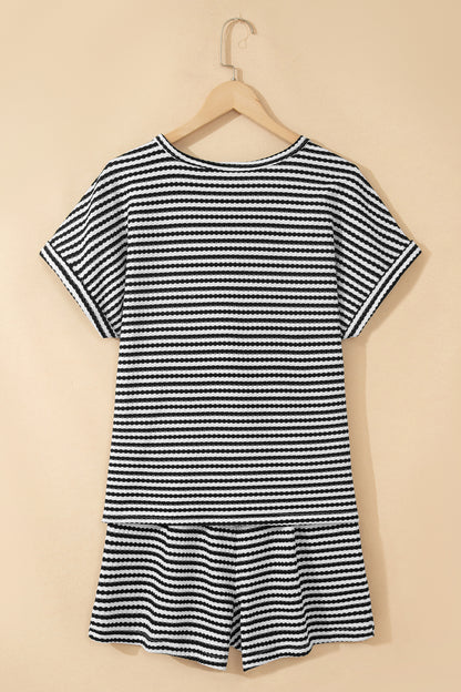 Black Stripe Breathable Textured Knit Short 2pcs Set