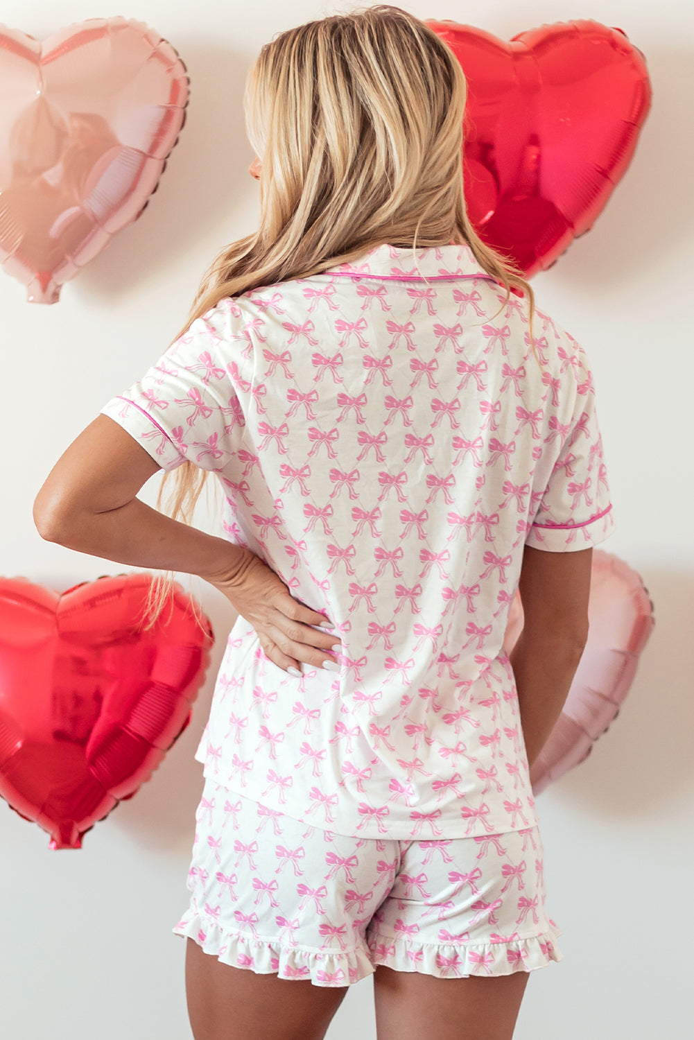 Pink Bowknot Printed Short Sleeve and Ruffled Pajama Set