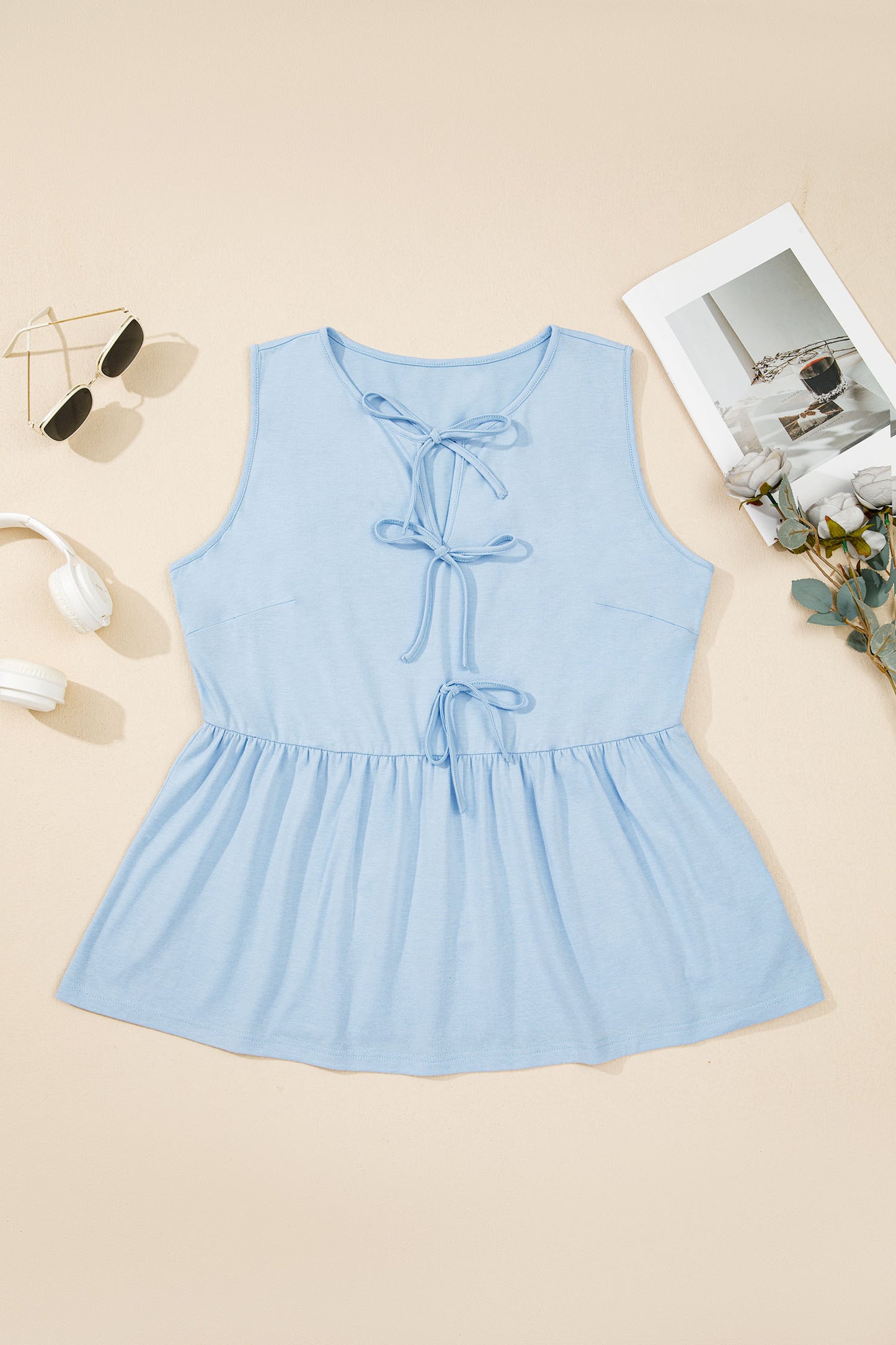 Blue Sapphire Plus Size Solid Color Bow Tie Peplum Tank Top