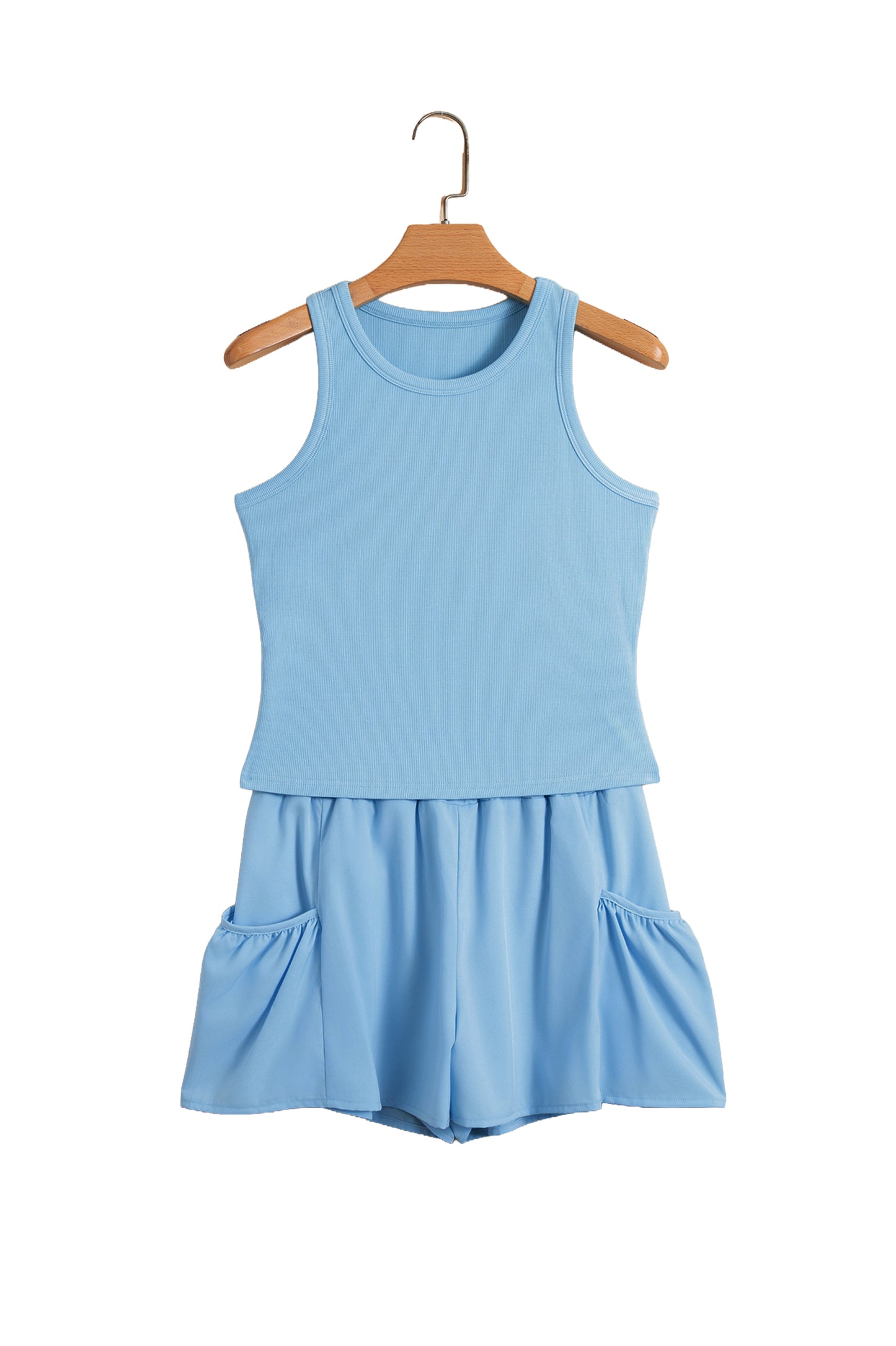 Dark Blue Ribbed Slim Tank Pocketed Wide Leg Shorts Set