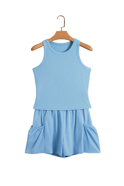 Dark Blue Ribbed Slim Tank Pocketed Wide Leg Shorts Set