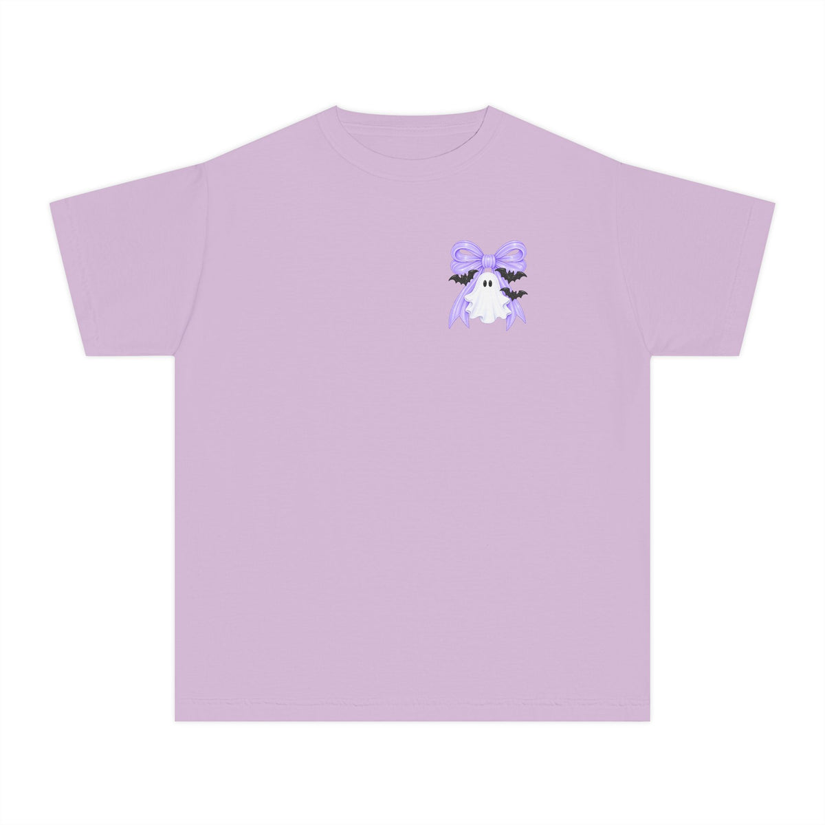 Youth Tee — "Spook Season" Ghost Wreath Halloween Shirt (Purple Bow)