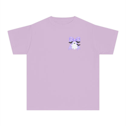 Youth Tee — "Spook Season" Ghost Wreath Halloween Shirt (Purple Bow)