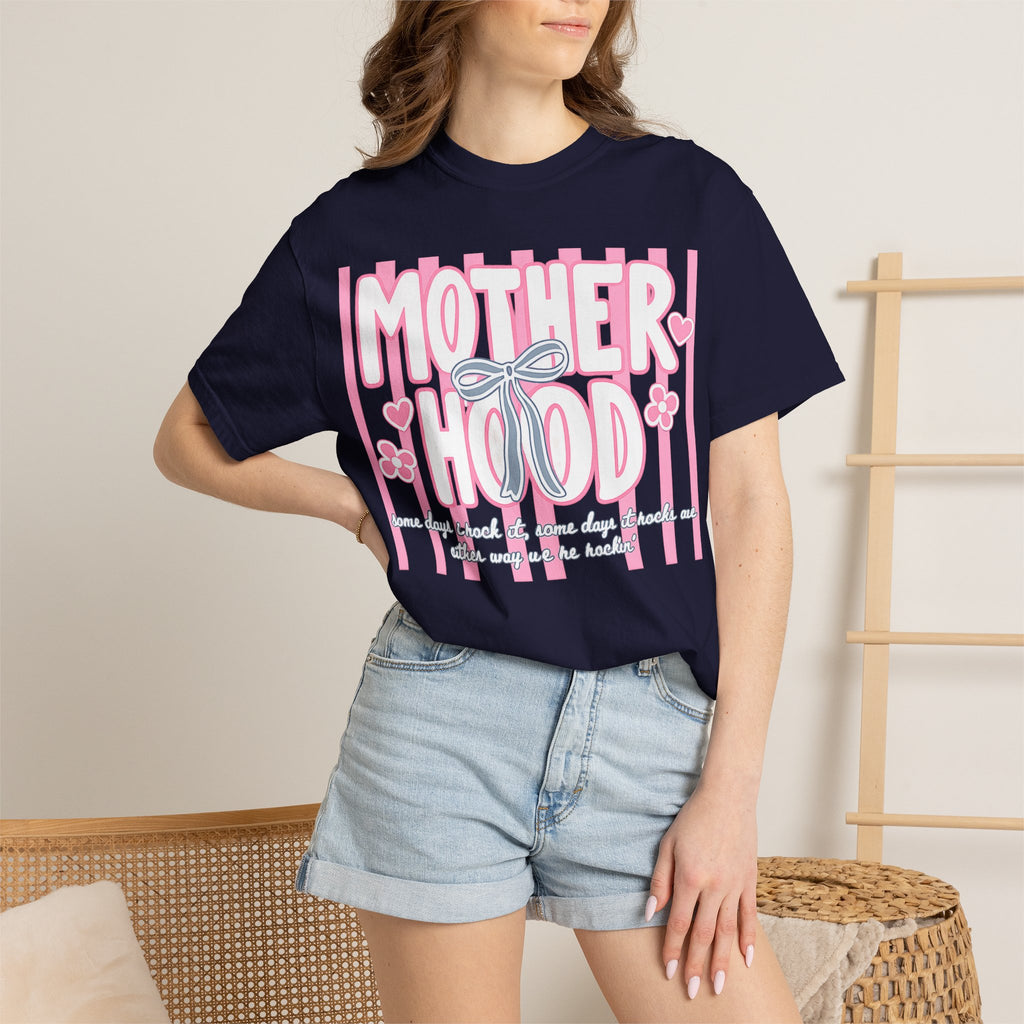 Motherhood Graphic T-Shirt — Pink Striped Mom Shirt ("MOTHERHOOD")