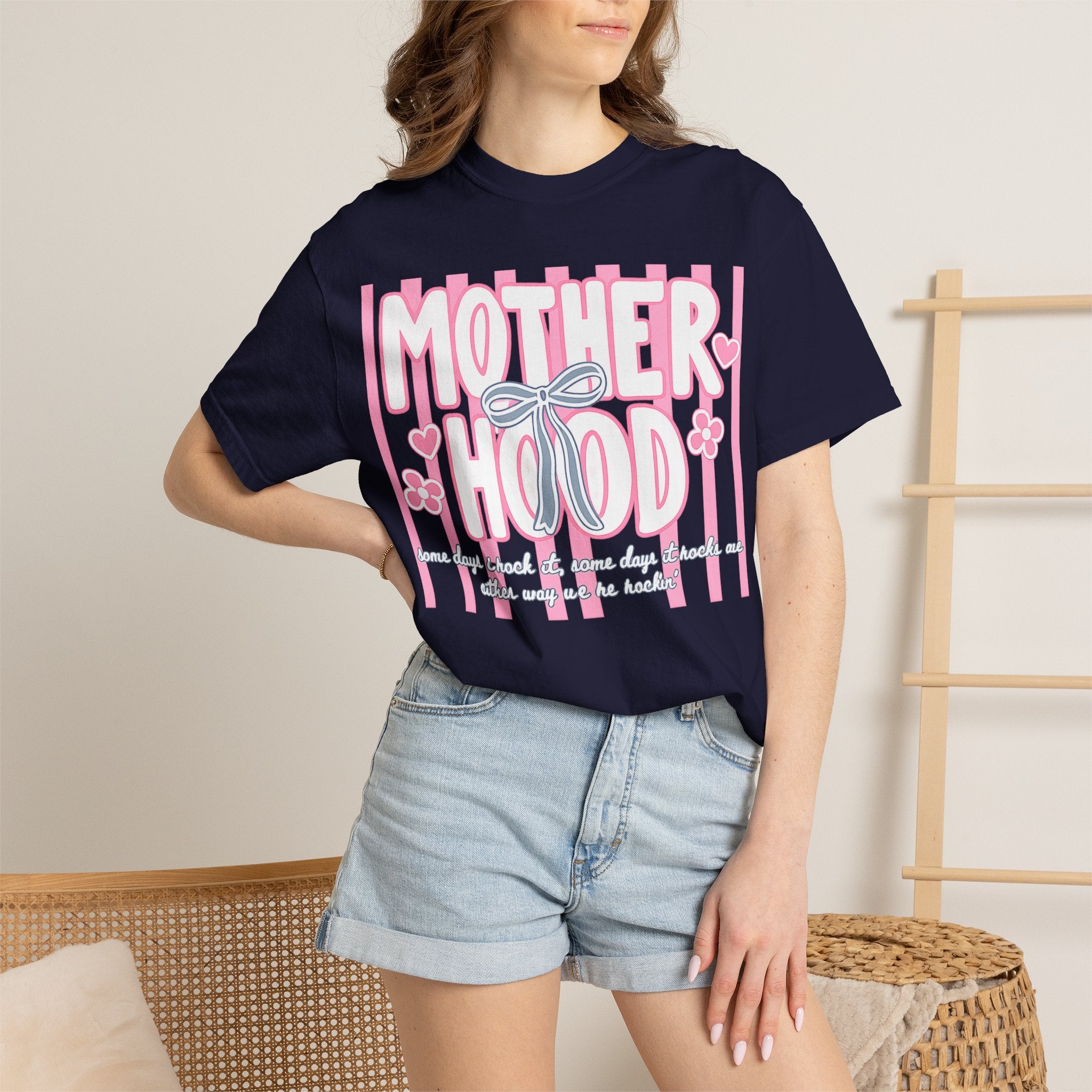Motherhood Graphic T-Shirt — Pink Striped Mom Shirt ("MOTHERHOOD")