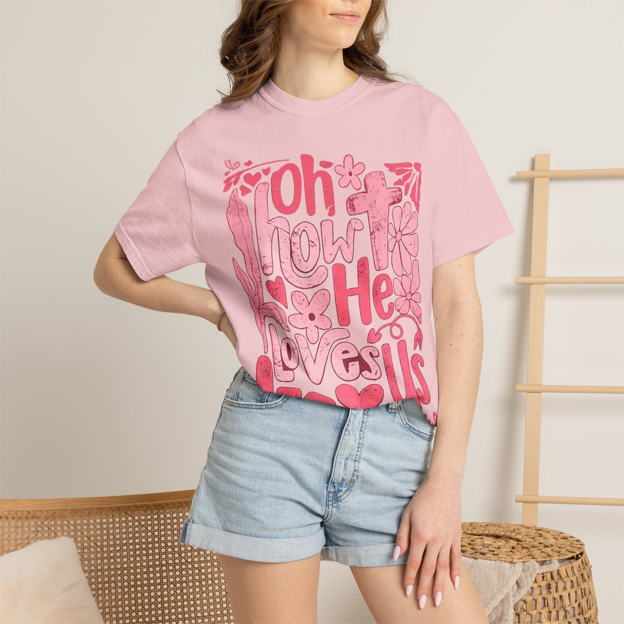 Oh How He Loves Us T-Shirt — Pink Floral Christian Tee (Ephesians 2:4-8)
