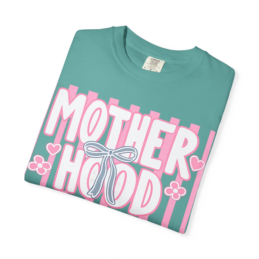 Motherhood Graphic T-Shirt — Pink Striped Mom Shirt ("MOTHERHOOD")