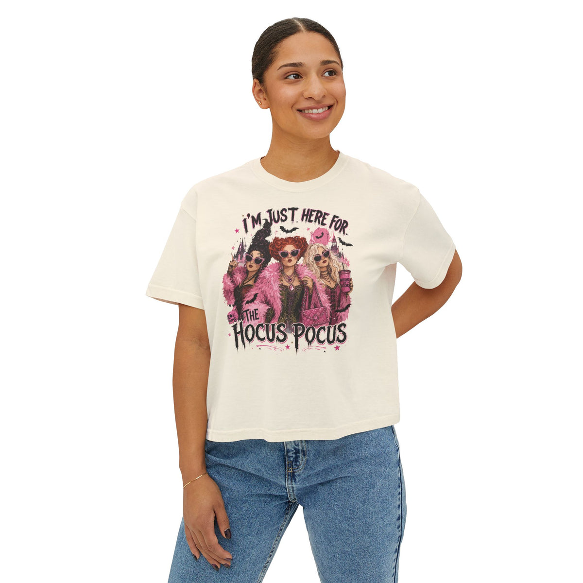 Hocus Pocus Women's Boxy Tee — "I'm Just Here for the Hocus Pocus" Halloween Shirt