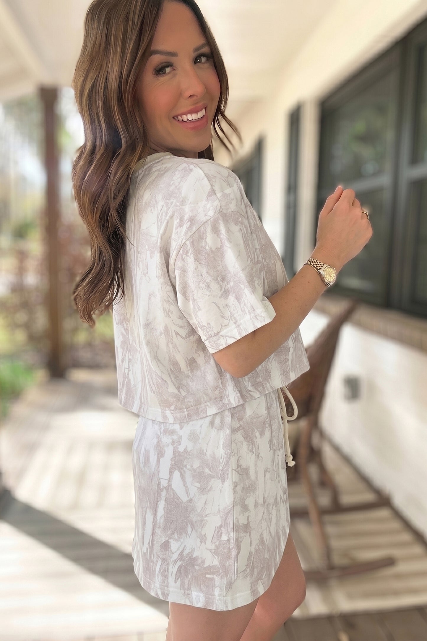 Gray Woodland Camo Print Raw Edge Cropped Top Skirt Set