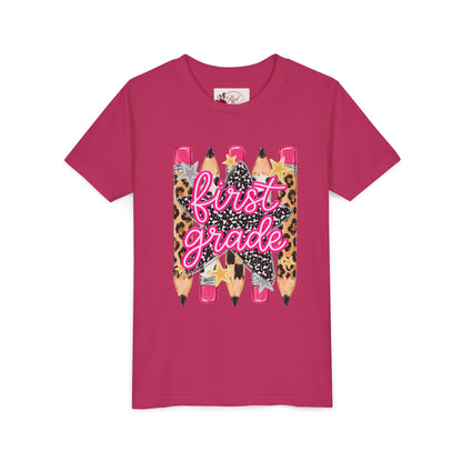 First Grade Youth Tee — Leopard Pencil Back to School Shirt