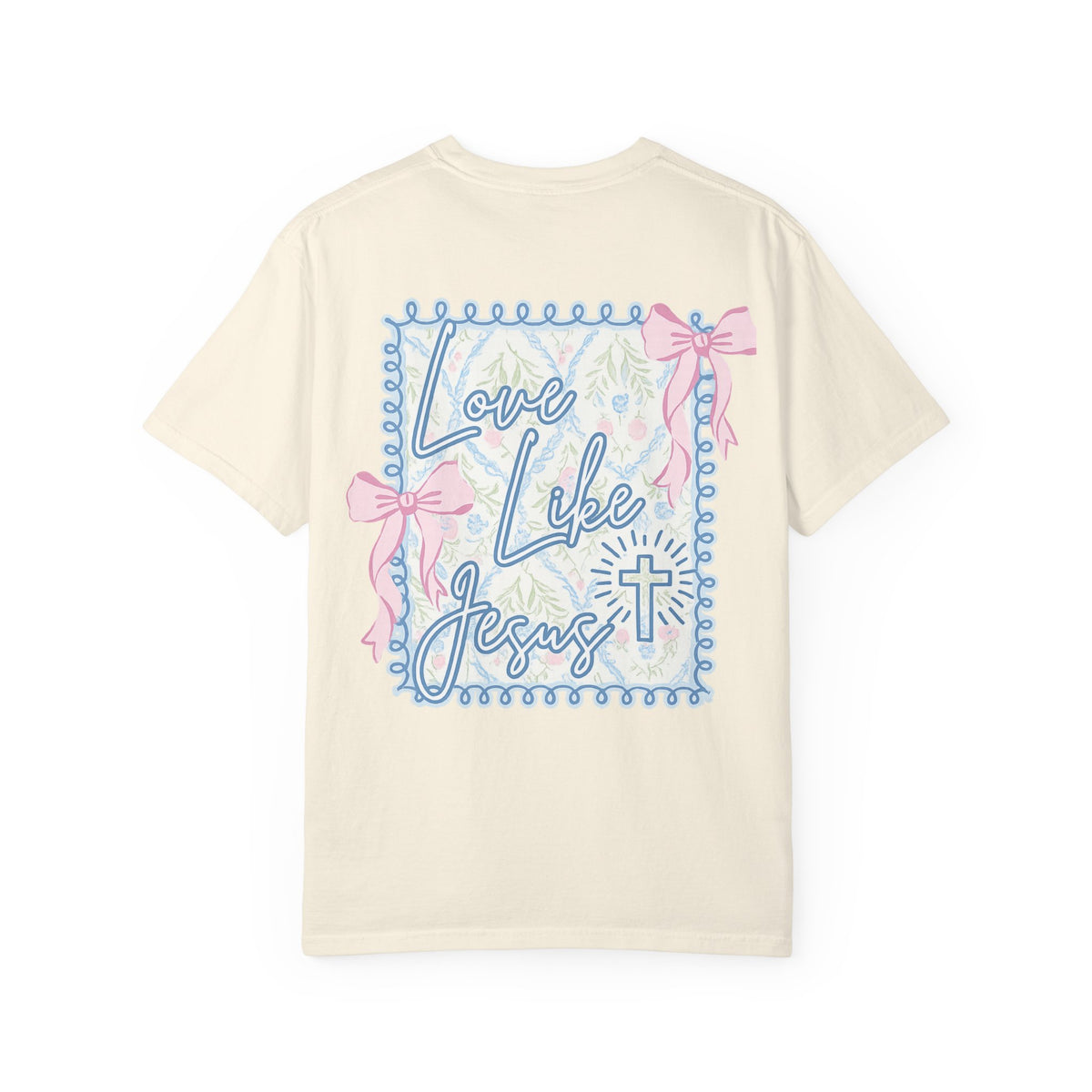 T-shirt — "Love Like Jesus" Pastel Cross & Bow Graphic