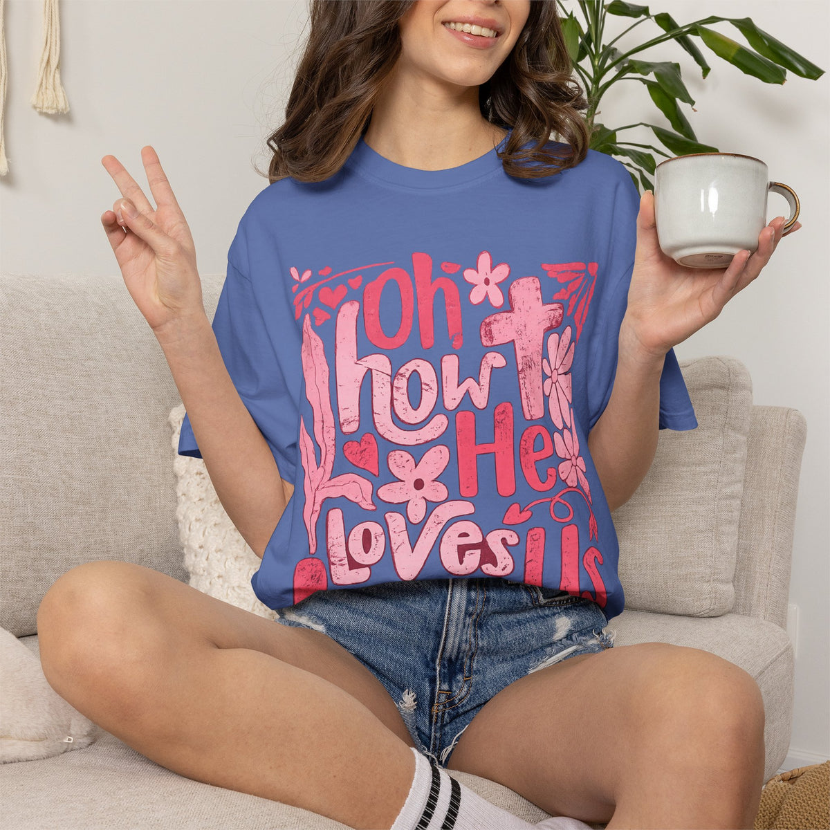 Oh How He Loves Us T-Shirt — Pink Floral Christian Tee (Ephesians 2:4-8)