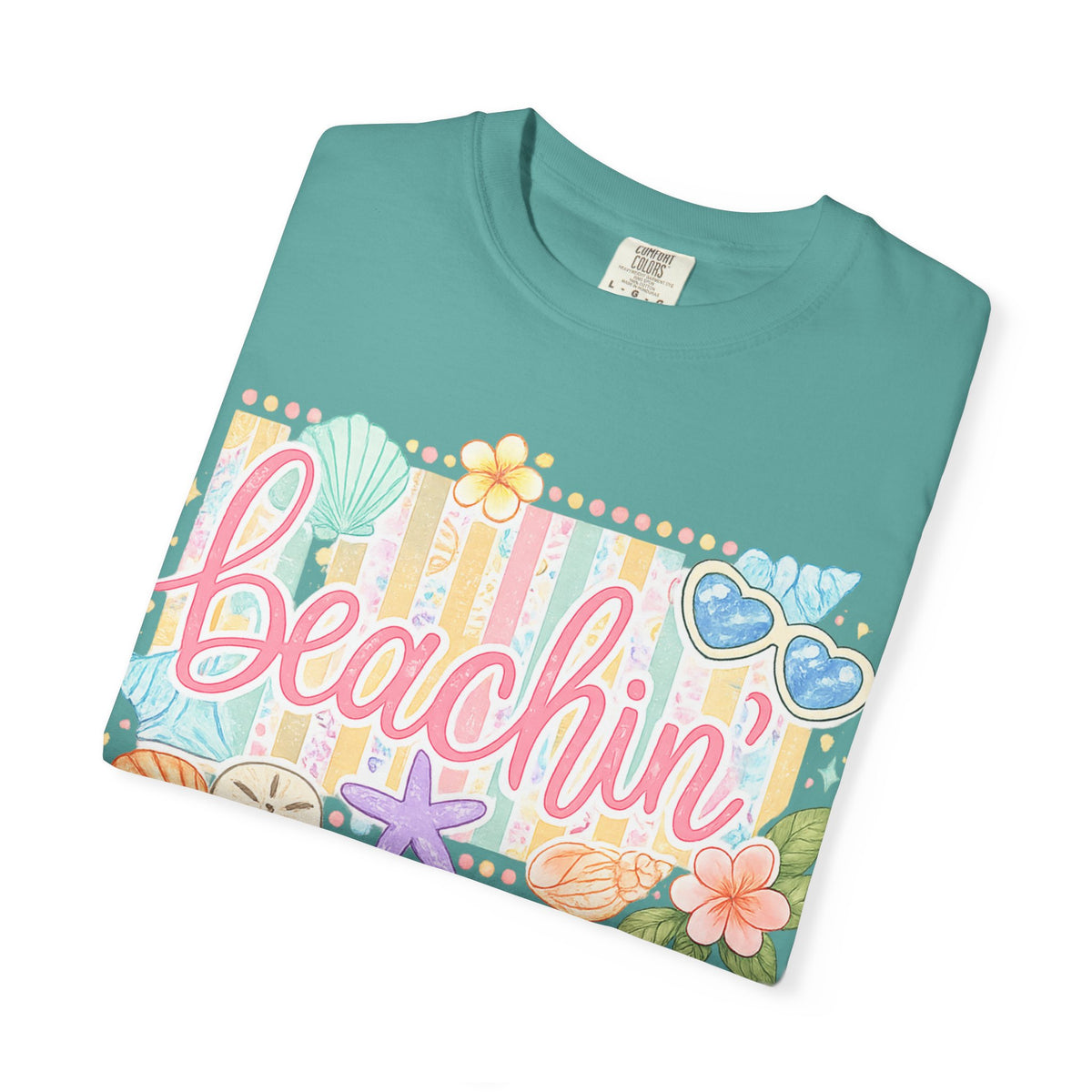 Beachin' T-Shirt — Tropical Summer Graphic Tee with Seashells & Sunglasses