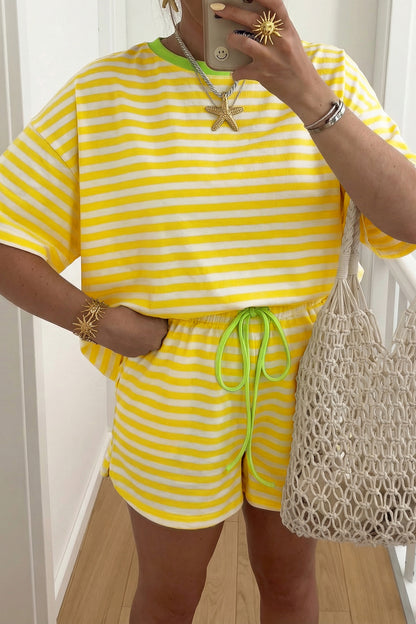 Sky Blue Stripe Contrast Neck Loose Tee and Drawstring Shorts Set