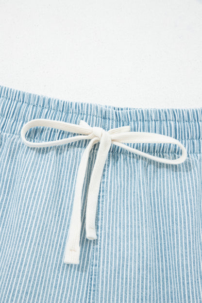 Sky Blue Stripe Plus Size Contrast Drawstring Elastic Waist Denim Shorts