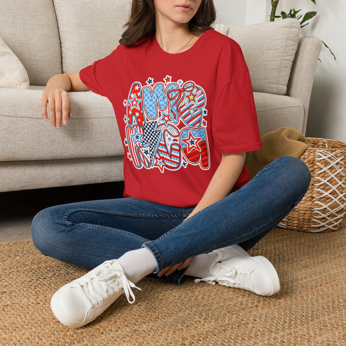 Patriotic AMERICA Graphic T-Shirt — Red White Blue Stars & Stripes Tee