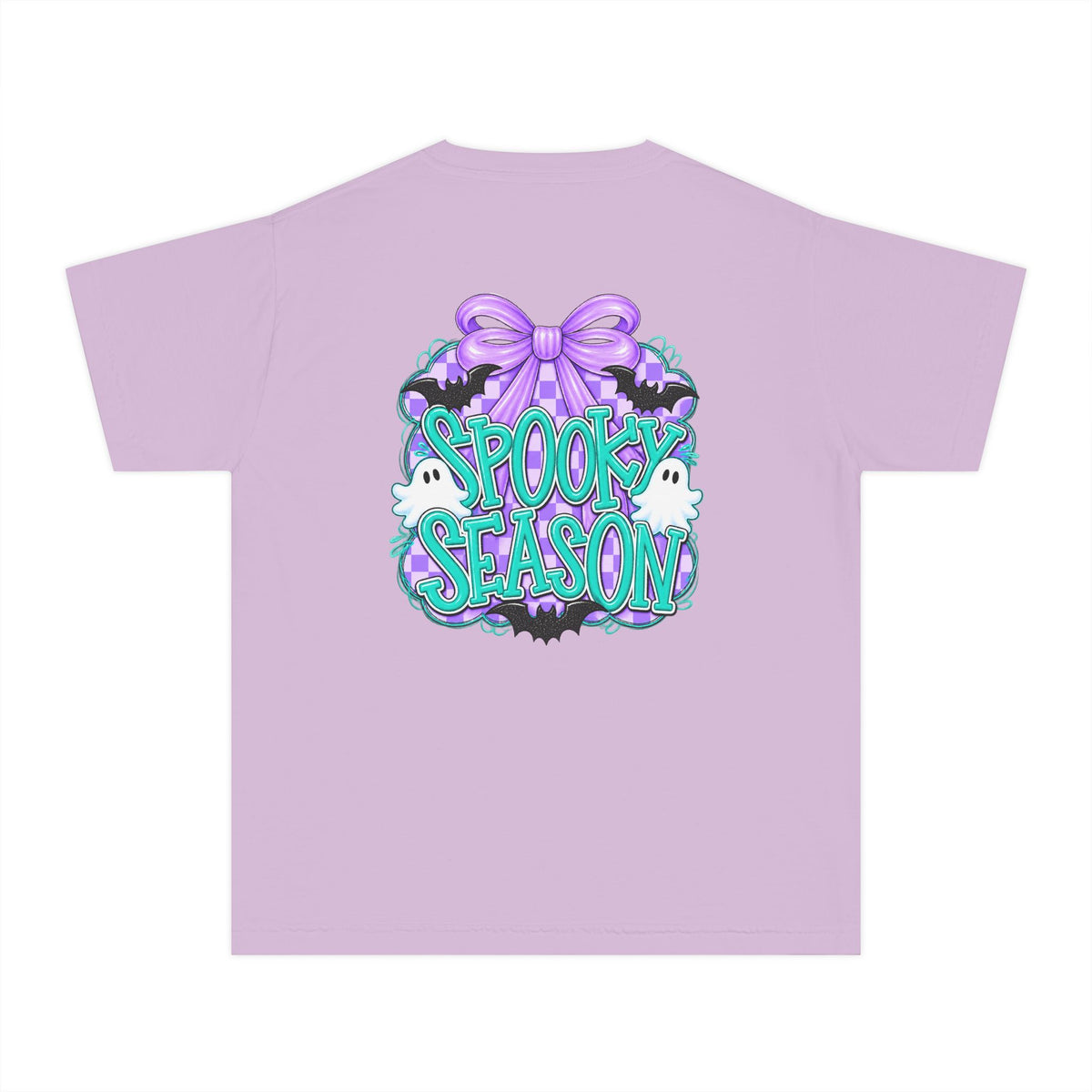 Youth Tee — "Spook Season" Ghost Wreath Halloween Shirt (Purple Bow)