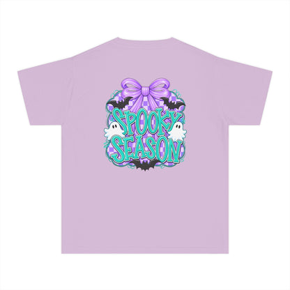 Youth Tee — "Spook Season" Ghost Wreath Halloween Shirt (Purple Bow)