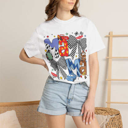 Graphic Tee — Playful 'MAMA' Cartoon Letter Shirt with Checkerboard Bows