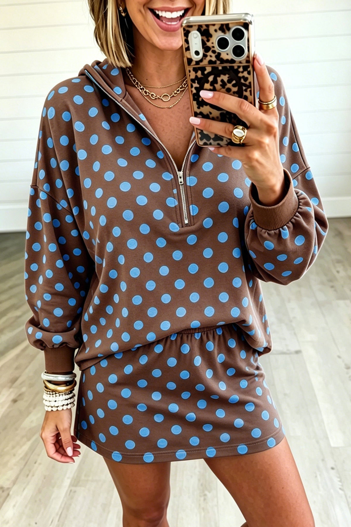 Khaki Polka Dot Hooded Long Sleeve Top Casual Mini Skort Set