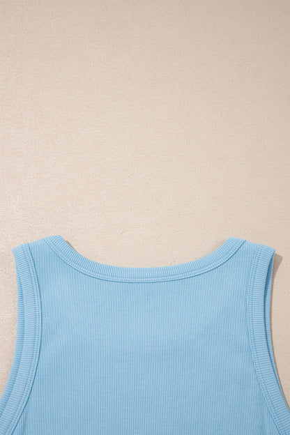 Dark Blue Ribbed Slim Tank Pocketed Wide Leg Shorts Set
