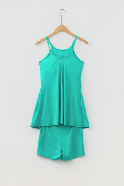 Pink Solid Color Tunic Tank Dress Athletic Shorts Two Piece Set