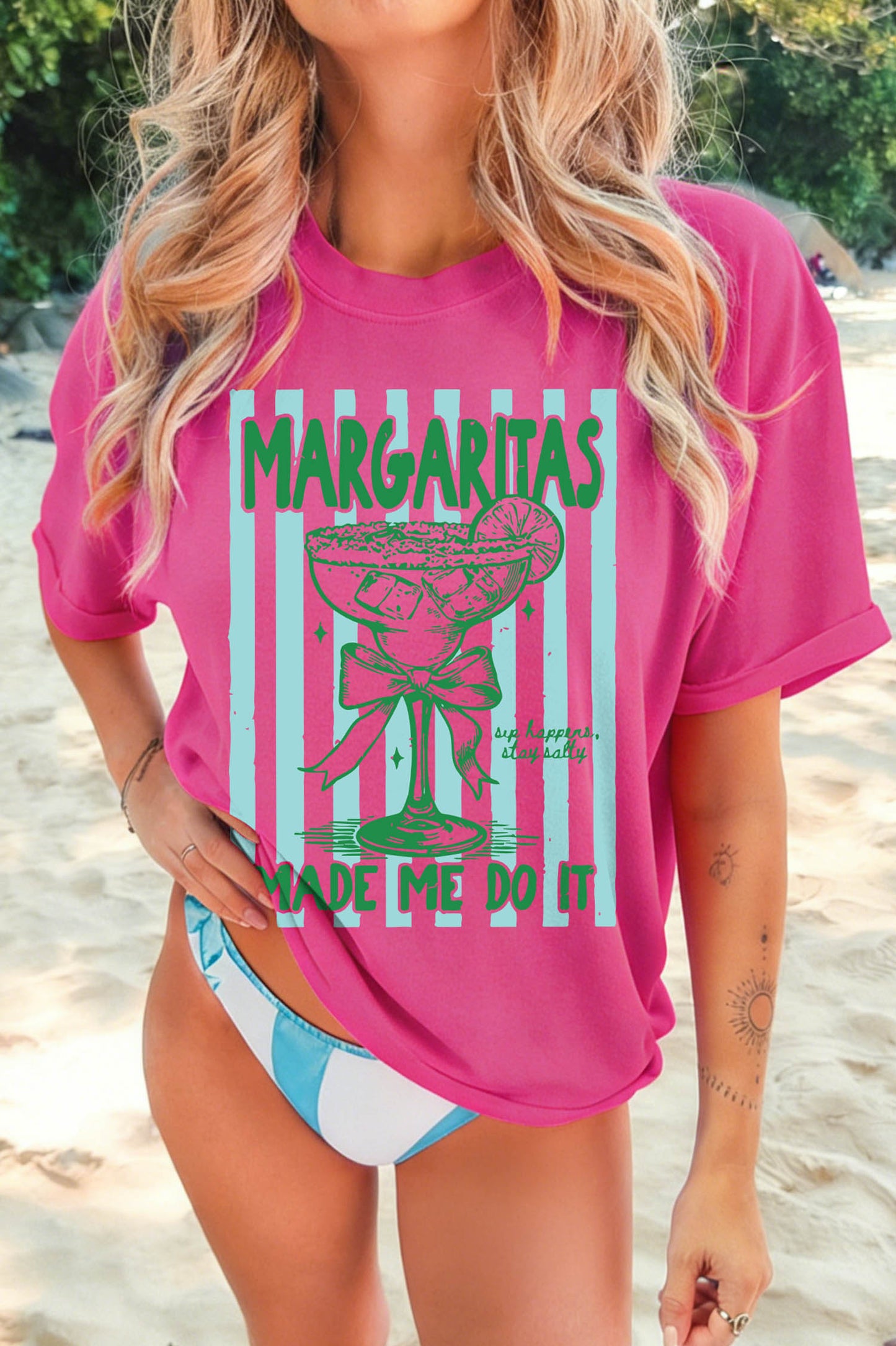 Rose Red Margaritas Made Me Do It Striped Graphic Beach Vacation Tee