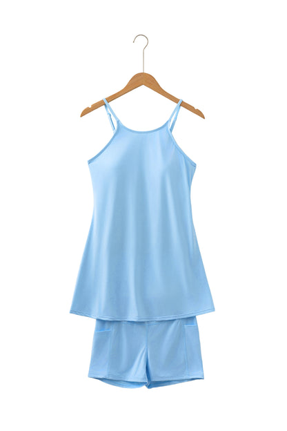 Pink Solid Color Tunic Tank Dress Athletic Shorts Two Piece Set