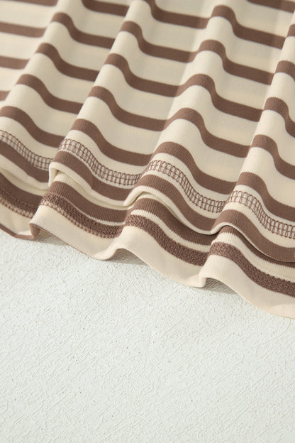Brown Stripe Plus Size Half Buttons Top and Shorts Set