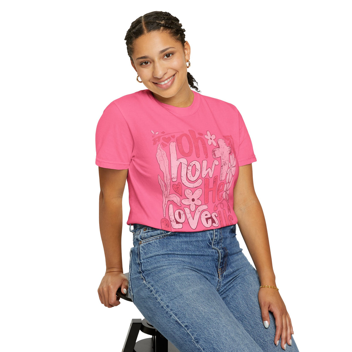 Oh How He Loves Us T-Shirt — Pink Floral Christian Tee (Ephesians 2:4-8)