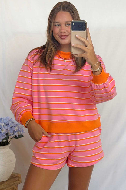 Rose Stripe Color Block Trim Pullover Pocketed Shorts 2pcs Set