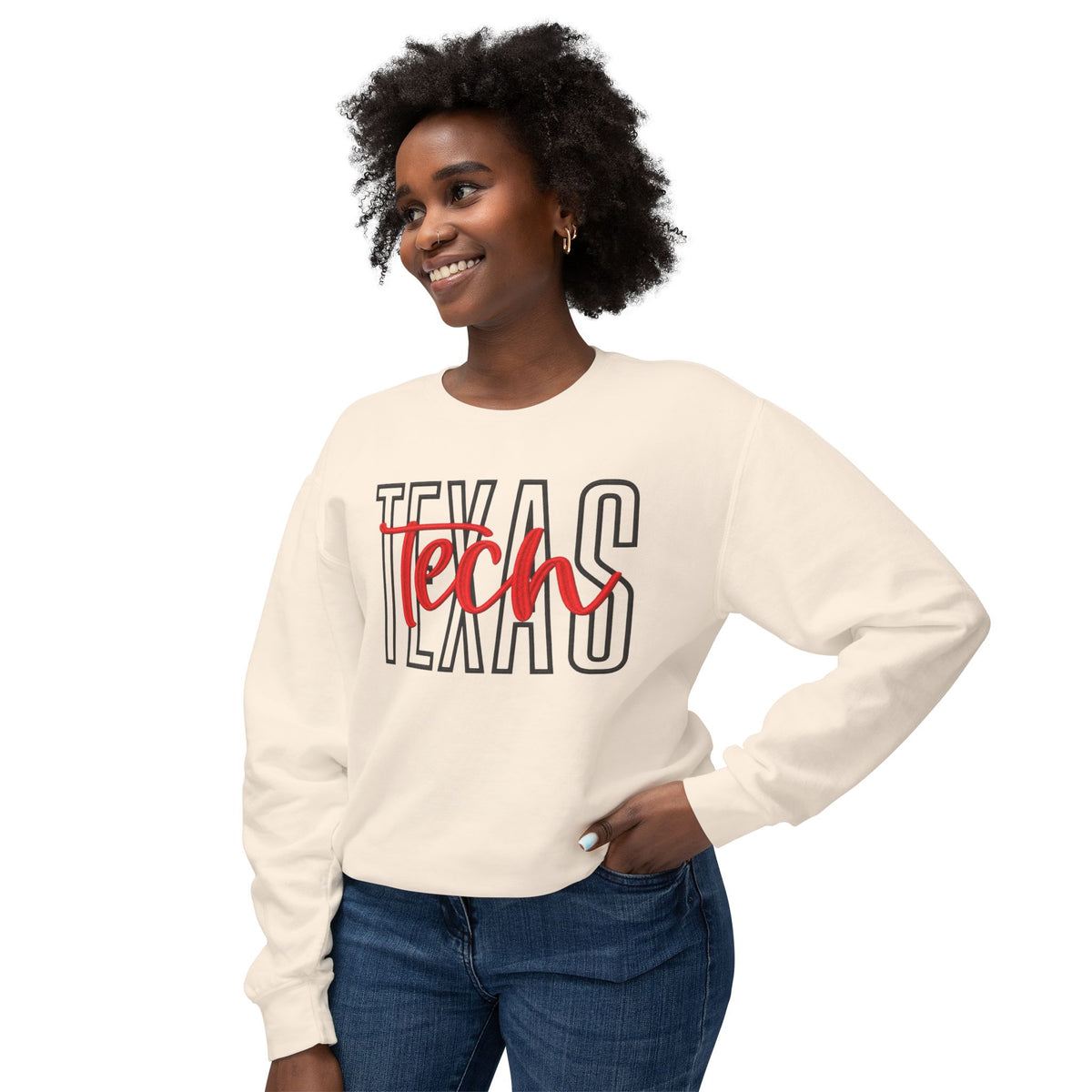 Texas Tech Crewneck Sweatshirt — 'Texas' Outline with Red "Tech" Script