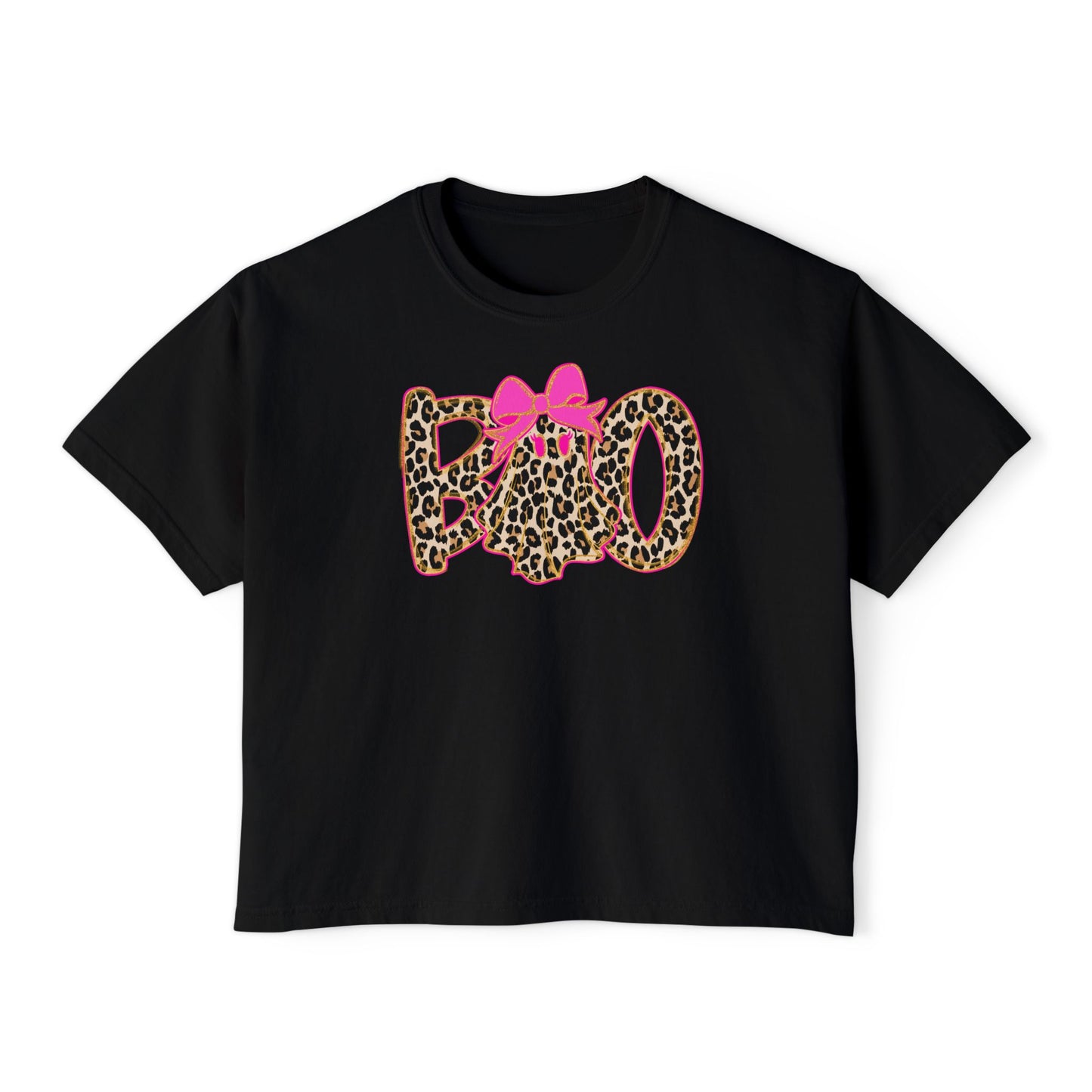 Leopard 'Boo' Halloween Women's Boxy Tee — Cute Pink Bow Spooky Graphic Shirt