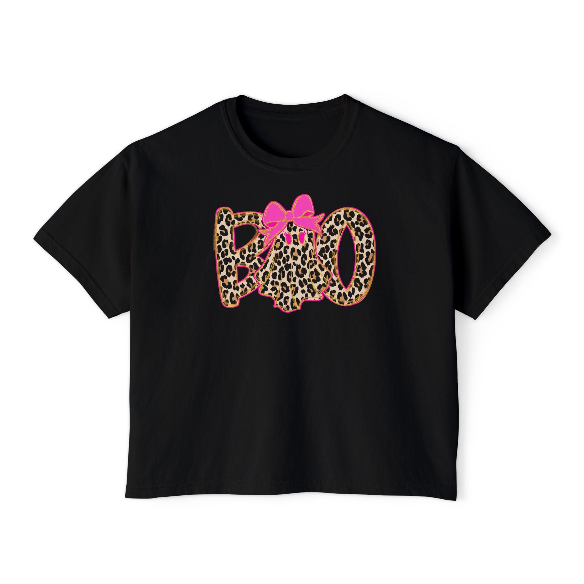 Leopard 'Boo' Halloween Women's Boxy Tee — Cute Pink Bow Spooky Graphic Shirt