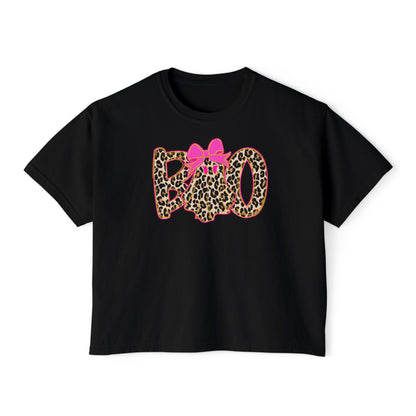 Leopard 'Boo' Halloween Women's Boxy Tee — Cute Pink Bow Spooky Graphic Shirt