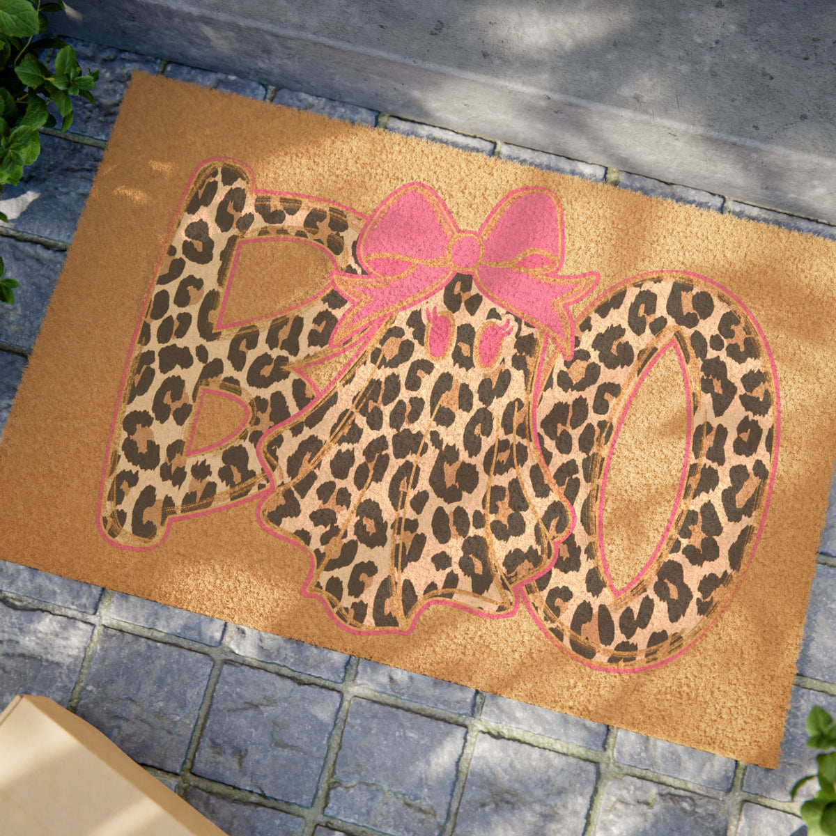 Leopard Print 'Hello' Doormat with Pink Bow – Chic Animal Print Entry Rug