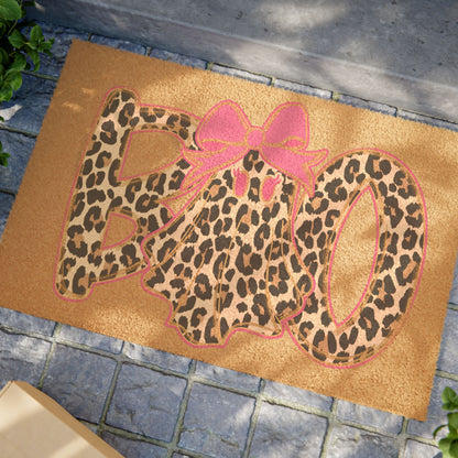 Leopard Print 'Hello' Doormat with Pink Bow – Chic Animal Print Entry Rug