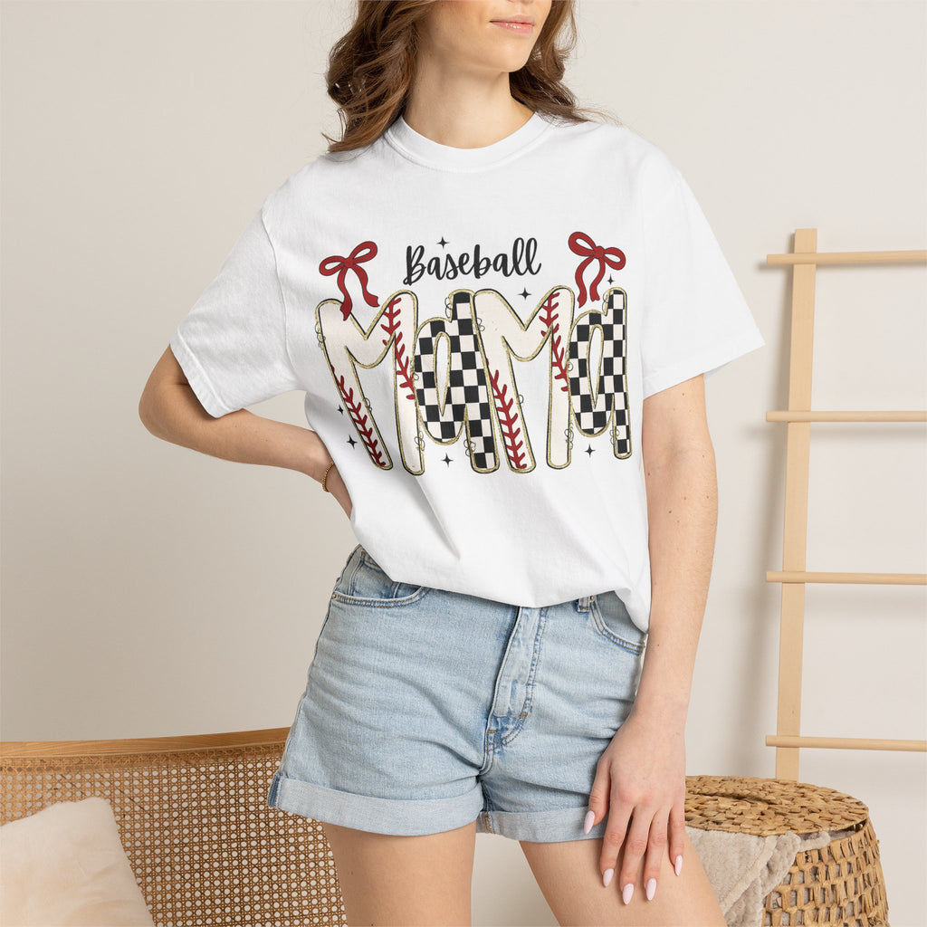 Baseball Mom T-Shirt — Vintage Checker & Stitch Graphic