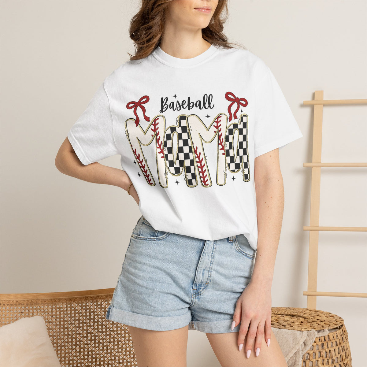 Baseball Mom T-Shirt — Vintage Checker & Stitch Graphic