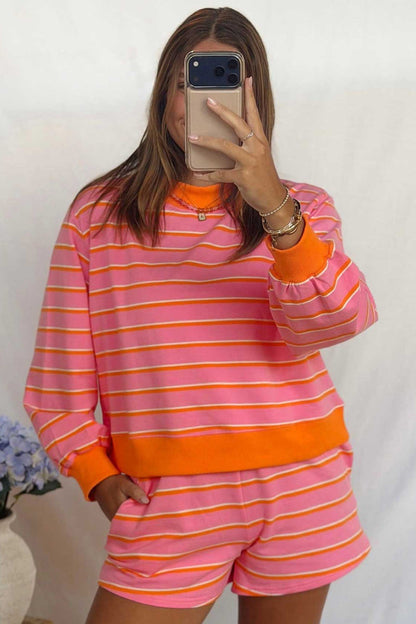 Rose Stripe Color Block Trim Pullover Pocketed Shorts 2pcs Set