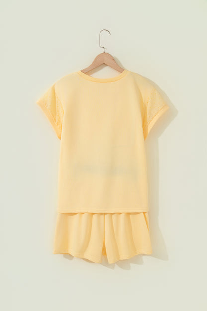 Yellow  Eyelet Lace Patchwork Sleeve Short 2pcs Outfit