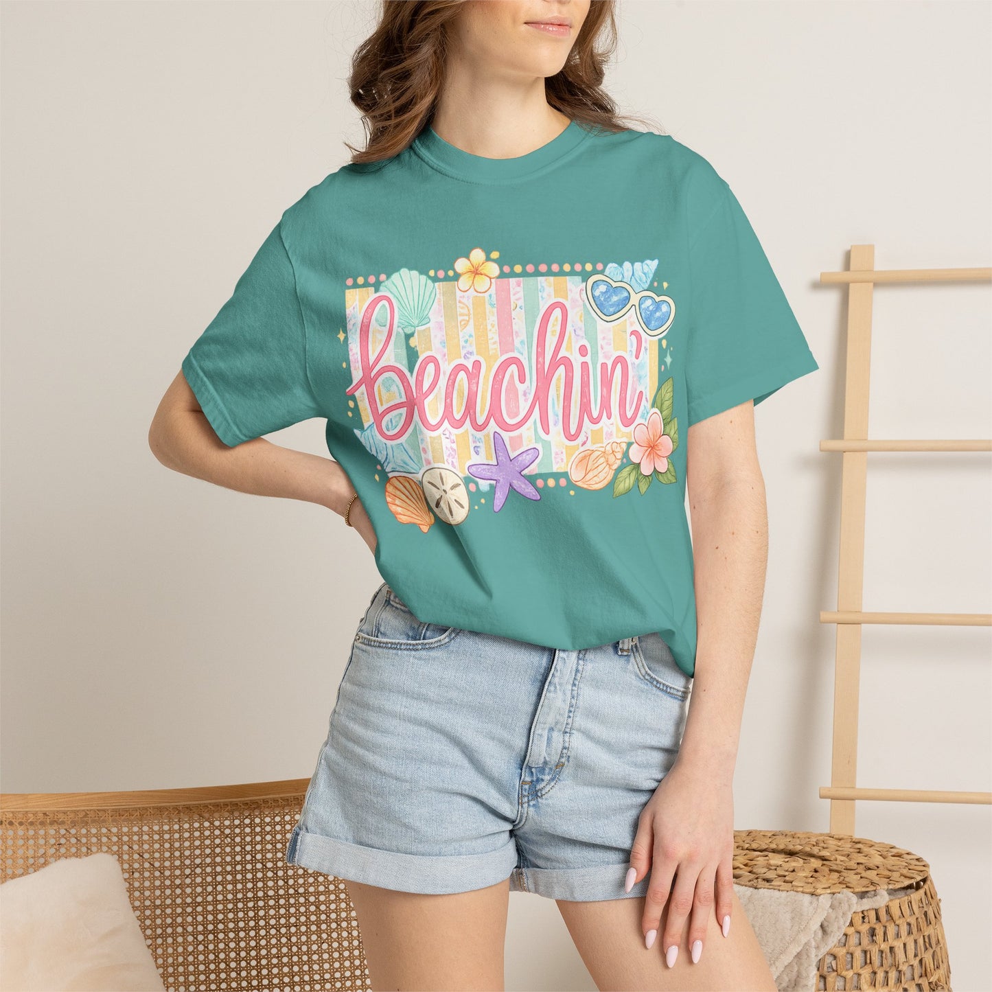 Beachin' T-Shirt — Tropical Summer Graphic Tee with Seashells & Sunglasses