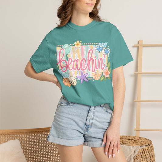 Beachin' T-Shirt — Tropical Summer Graphic Tee with Seashells & Sunglasses