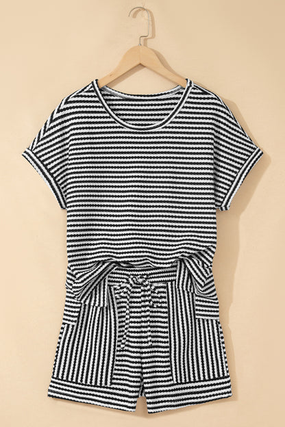 Black Stripe Breathable Textured Knit Short 2pcs Set