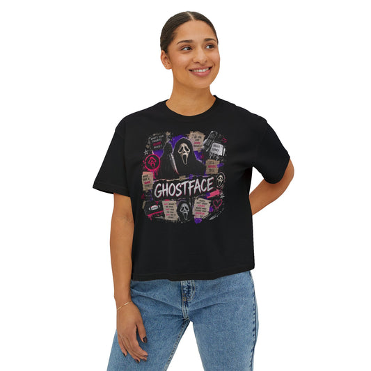 Ghostface Graphic Tee — Retro Horror Scream Face Women's Boxy Shirt